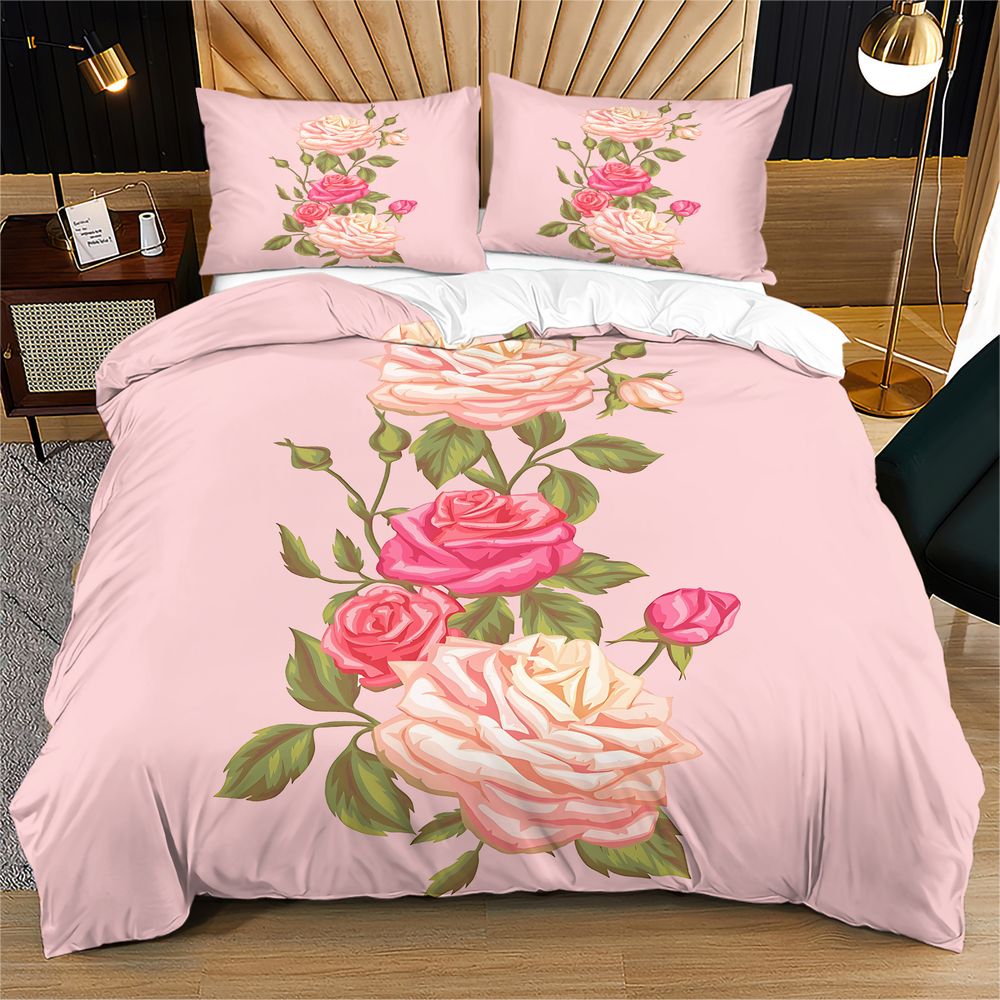 Aesthetic Floral Duvet Cover - ソフトピンクローズ花柄プリント布団カバーセット掛け布団カバー寝具セット詰め物なし甘いガーリーな美的寝室寝具