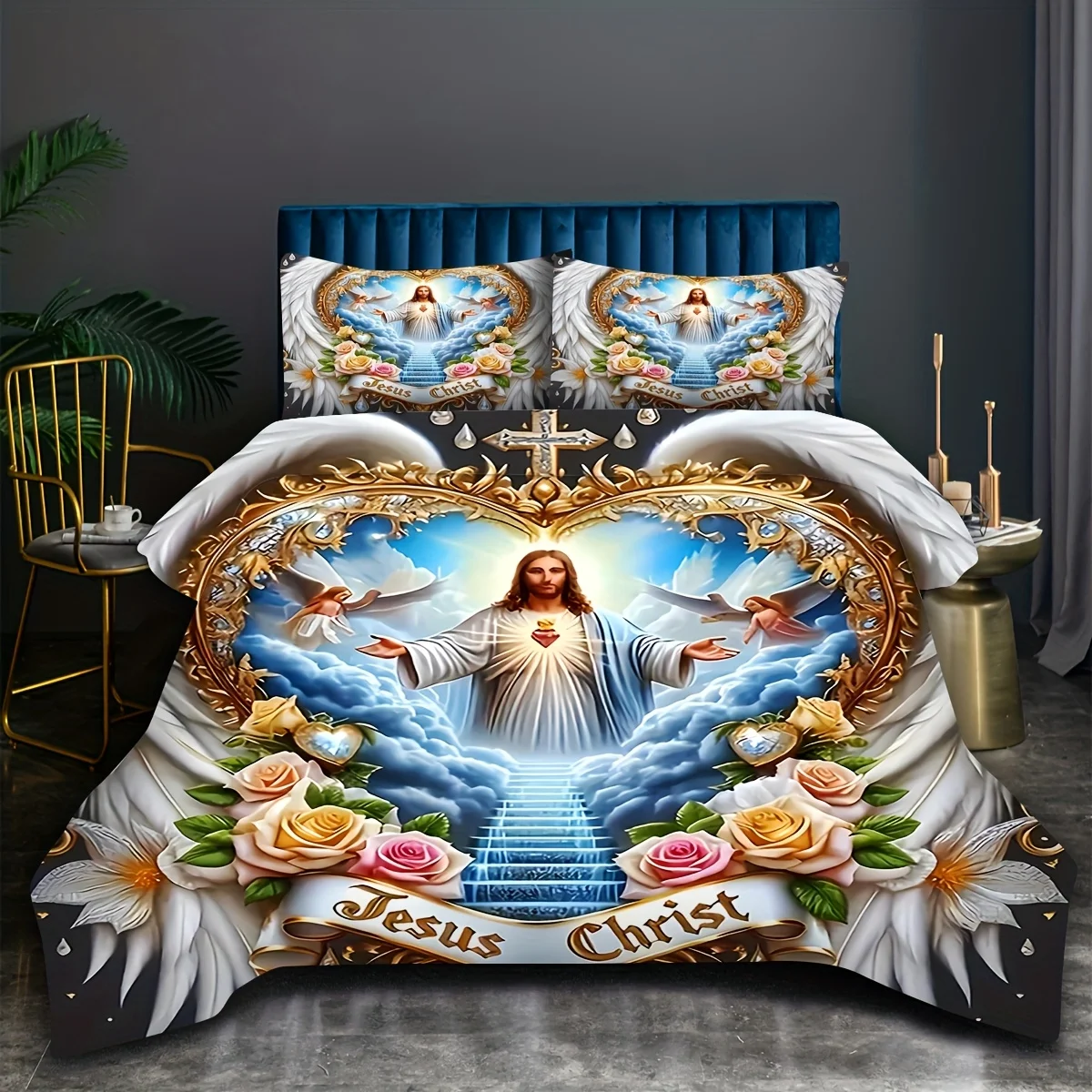 Duvet Cover Sets With Zipper - 聖なる献身の翼 クロスフラワー エンジェル イエス 天への扉 寝具セット