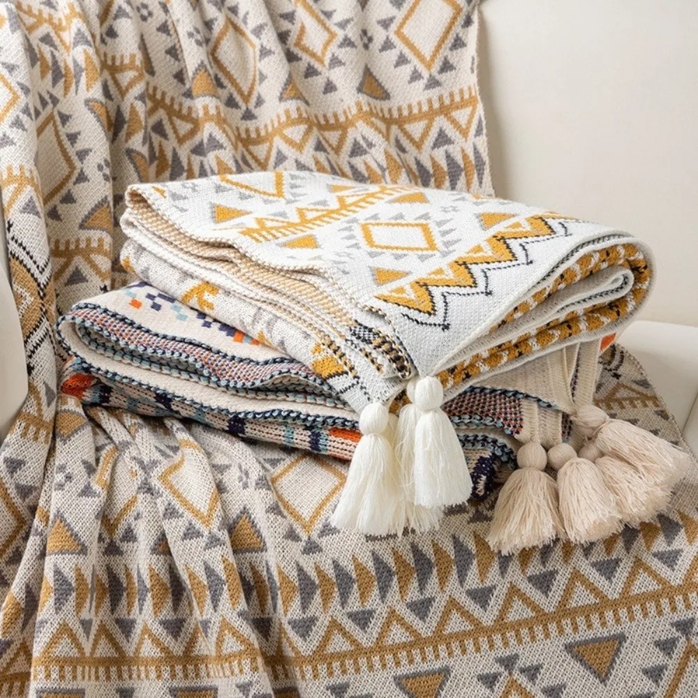 Boho Throw Blanket Fringe - ヴィンテージ風チャンキーニットボホスローケット、柔らかなタッセル付きの居心地の良いタッセルスローケット、フリンジ付きソファスローケット、冬用