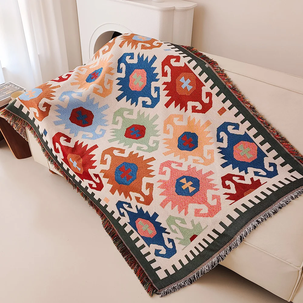 Boho Throw Blanket Fringe - 新しいソファブランケット、ボヘミアン風フリンジ付きスローブランケット、南西部の幾何学模様タペストリーヴィンテージ織りスローブランケット、両面