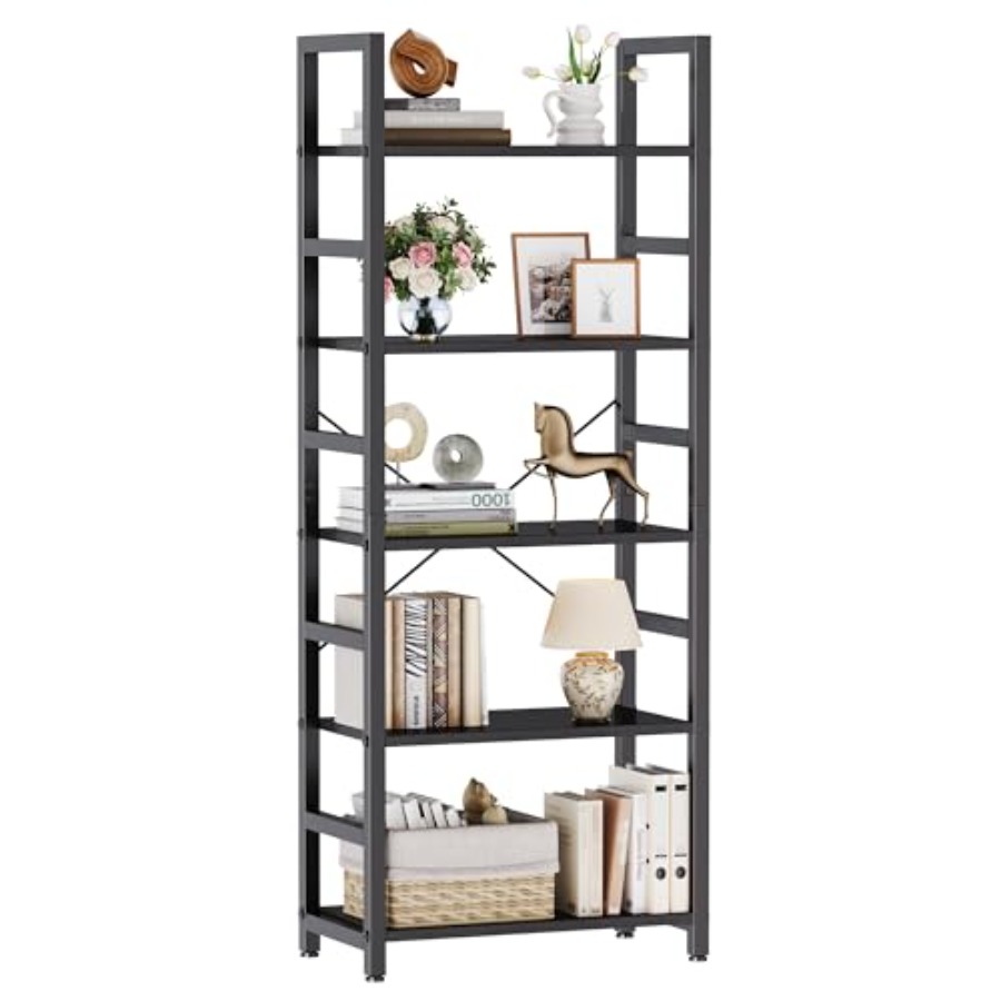 Storage & Organization - 5段本棚、モダンな背の高い本棚、リビングルーム、寝室、ホームオフィス用のオープン収納ディスプレイ棚、狭いスタンディングシェルフ