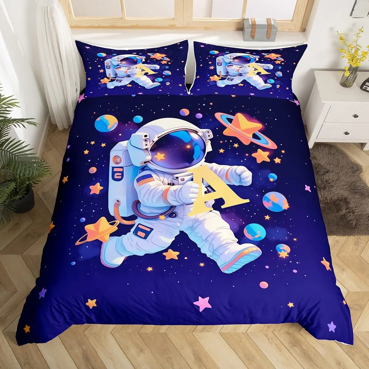 Duvet Cover Sets With Zipper - 宇宙飛行士布団カバーセット漫画宇宙飛行士装飾寝具セットソフト通気性掛け布団カバー枕カバー付きジッパー付き