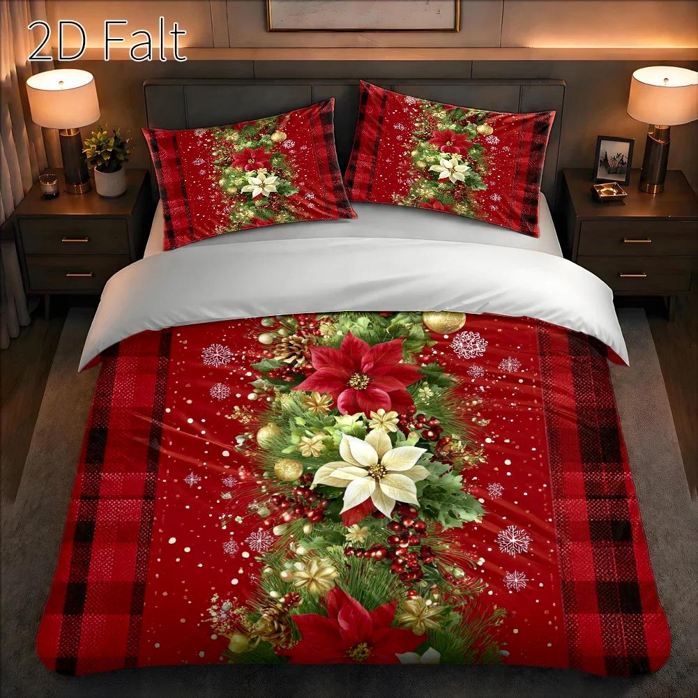 Duvet Cover Sets With Zipper - 枕カバー付きの3点セットの掛け布団カバー（中綿なし）、2Dフラットプリント、赤いクリスマスの花と松の枝をモチーフにしたデザイン、油絵のようなリアルなスタイル、クリスマス、オールシーズン対応、洗濯機で洗える、目立たないファスナー付き、大判の掛け布団カバー、寝具セット、クリスマスデコレーション、ホリデーシーズンに欠かせないアイテム。