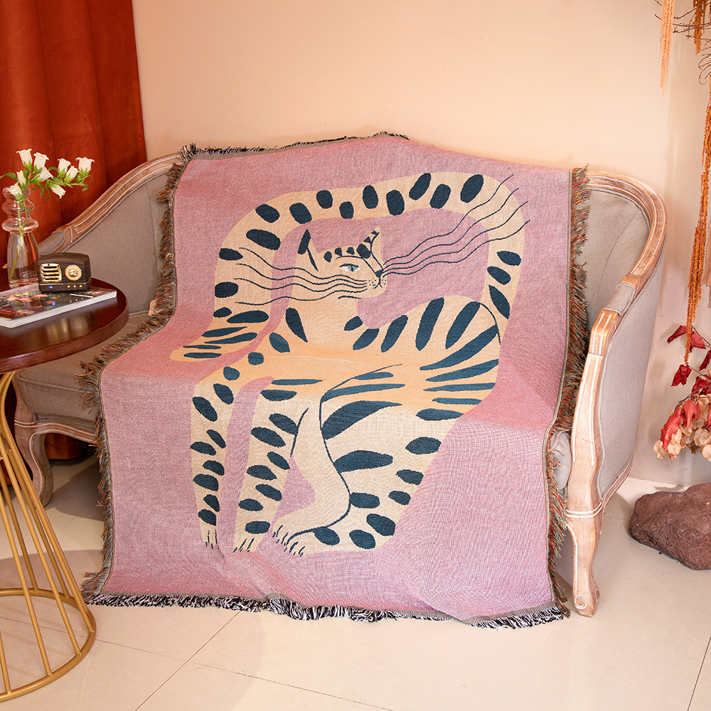 Boho Throw Blanket Fringe - ボヘミアン風抽象猫柄ジャカード織りスローブランケット、芸術的なヒョウ柄織りタペストリー、フリンジ付きボヘミアンアニマルプリント装飾スロー