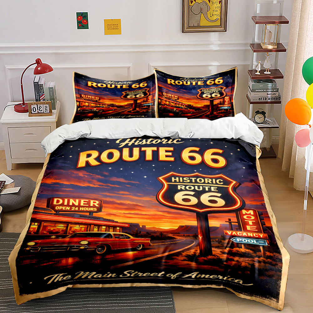 Duvet Cover Sets With Zipper - ルート66のノスタルジックな夜柄の布団カバーセット デジタルプリント カラフルなポリエステル寝具 ジッパー開閉式 子供へのギフトに最適