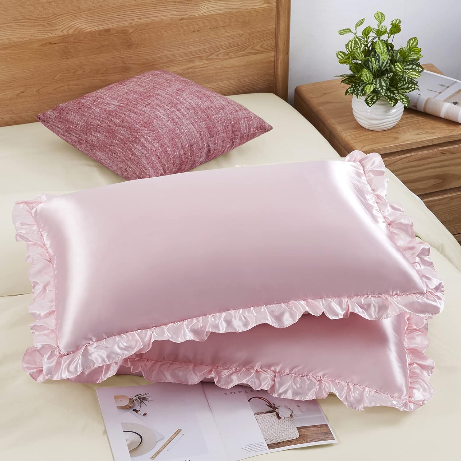 Satin Silk Pillowcase Hair Skin - 2 個のサテンフリル枕カバー、髪と肌用、無地のシルク枕カバー、封筒開閉式、プリンセスルーム装飾。