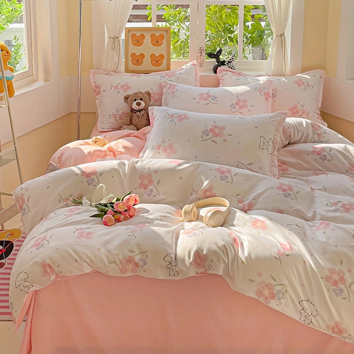 4点セット ソフト無地花柄植物プリントキルトカバーセット、羽 - Duvet Cover Sets With Zipper のレビューと価格
