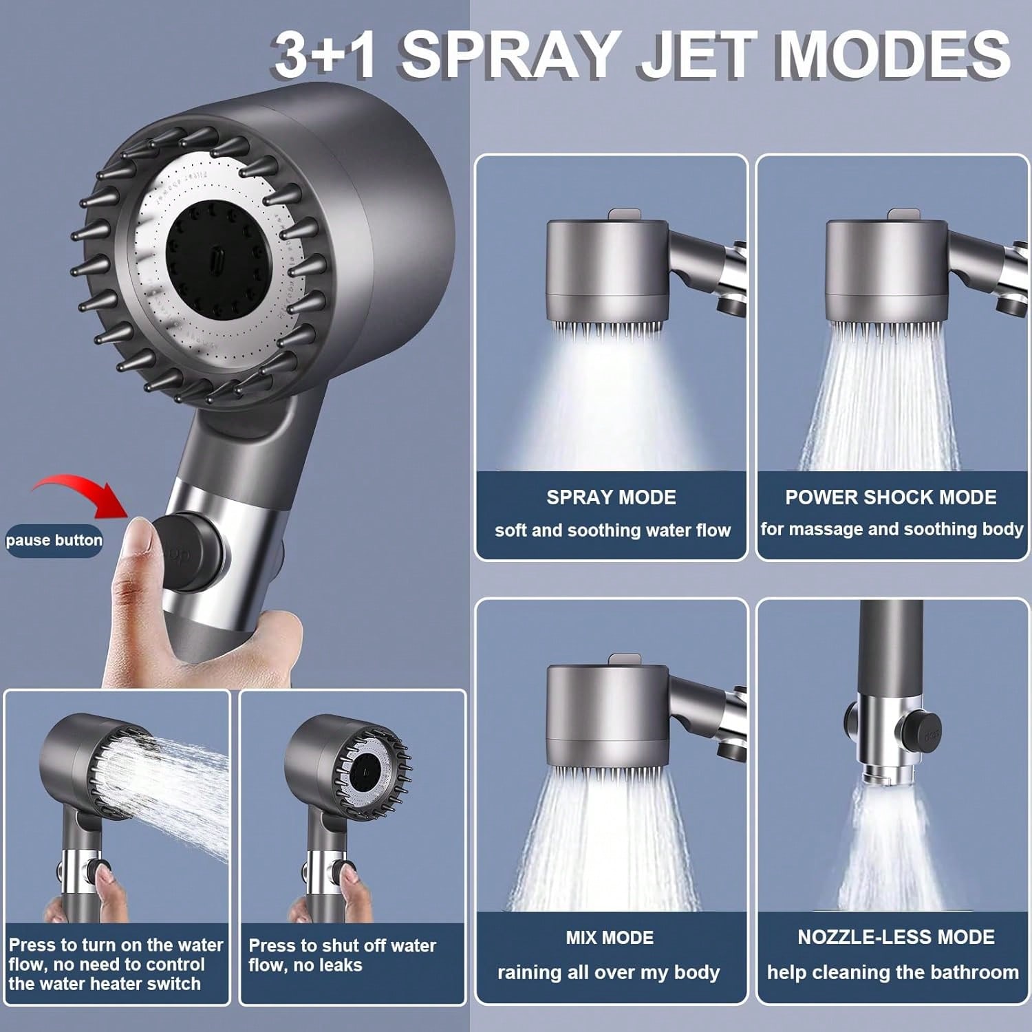 高圧ハンドヘルドシャワーヘッド、5つのフィルター、3つの調整 - High Pressure Shower Head Handheld のレビューと価格