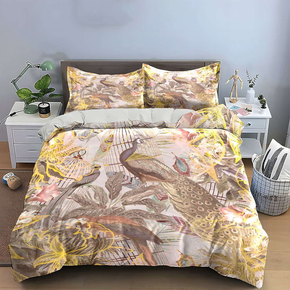 ヴィンテージ孔雀鳥かご寝具セット、レトロな花柄植物プリント布 - Aesthetic Floral Duvet Cover のレビューと価格