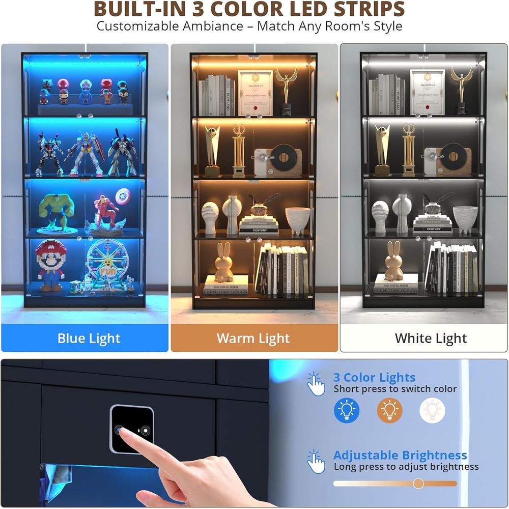 65ガラス扉ディスプレイキャビネット、センサー照明付き4段キ - Storage & Organization のレビューと価格