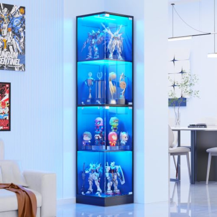 ガラス扉付きコーナーディスプレイキャビネット、ホワイトMDF - Lighting のレビューと価格