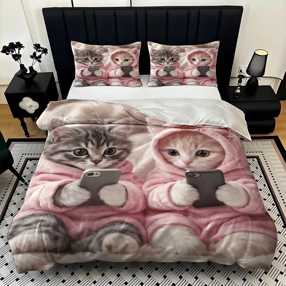 3ピースのかわいい猫が電話で遊んでいる柄の布団カバーセット、 - Duvet Cover Sets With Zipper のレビューと価格