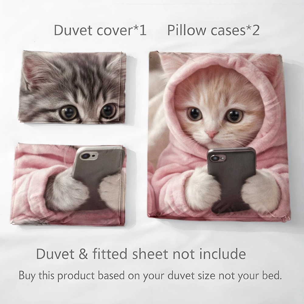 3ピースのかわいい猫が電話で遊んでいる柄の布団カバーセット、 - Duvet Cover Sets With Zipper のレビューと価格