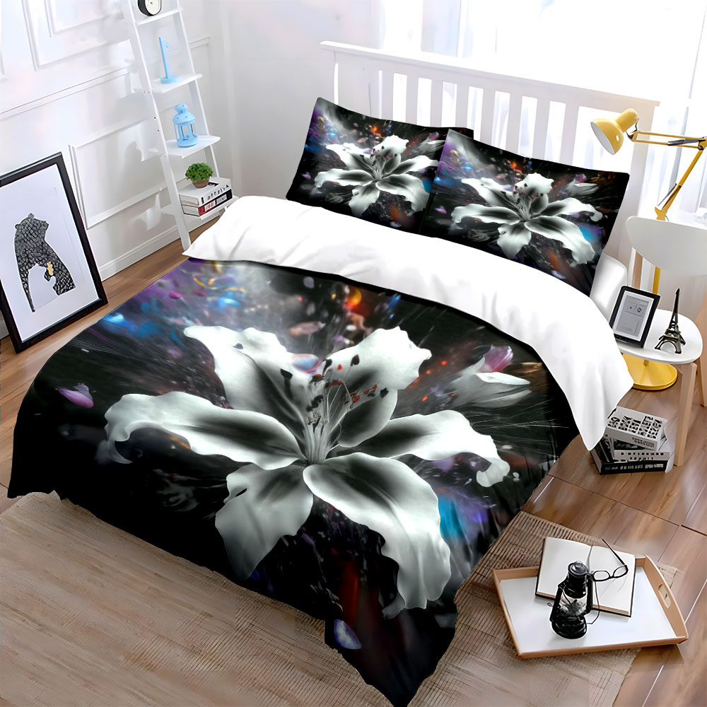 抽象的な白いユリの花柄寝具セット3点、黒背景の花柄アート布団 - Aesthetic Floral Duvet Cover のレビューと価格