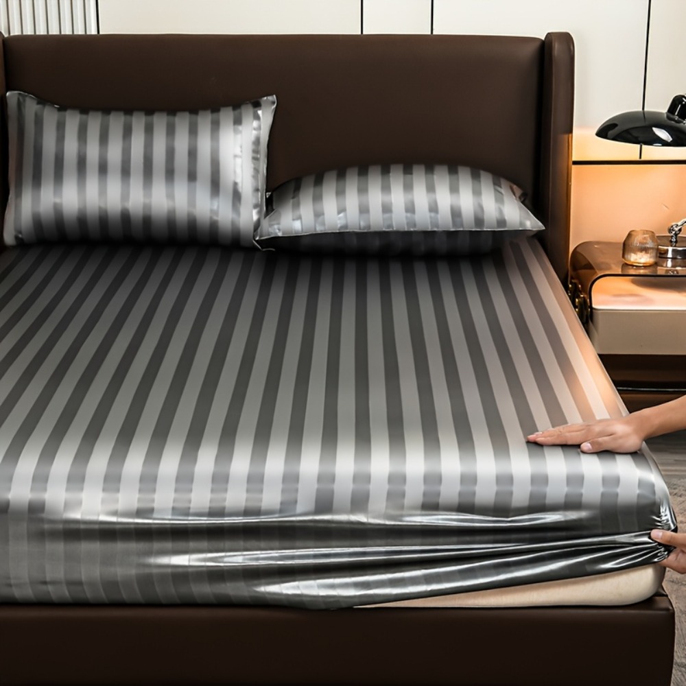 新しいストライプ柄ベッドシーツ、マットレスカバー、高級サテン - Fitted Bed Sheets Deep Pocket のレビューと価格