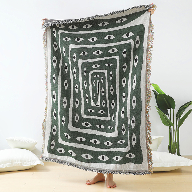 グリーンホワイト邪眼ジャカードスローブランケット抽象的なボヘ - Boho Throw Blanket Fringe のレビューと価格